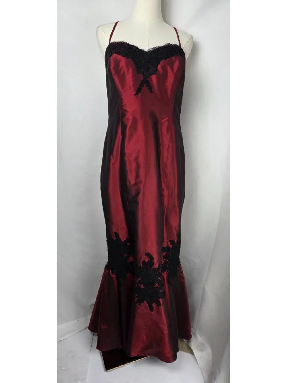 Rose Taft VTG Y2K Vamp Whimsigoth Silk Maxi Dress Burgundy Lace Appliqué Mermaid - Picture 4 of 14